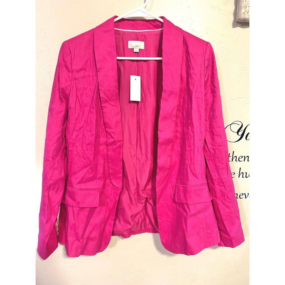 LOFT Women Hot Pink Linen Blend Shawl Collar Open Front Blazer Jacket Size 2 NEW
